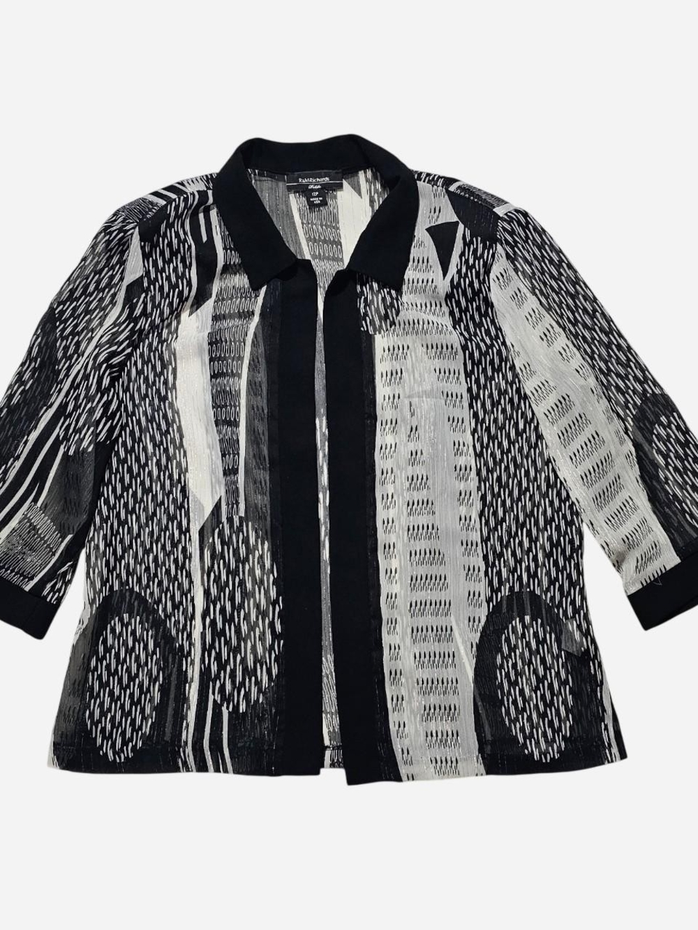 R&M Richards Black & White Abstract Open Front Blazer